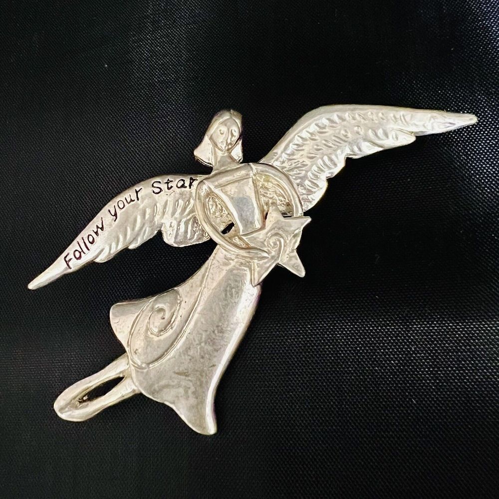 Vintage Silver Tone Follow Your Star Angel Brooch Pin Love Hope Star Heart 4198